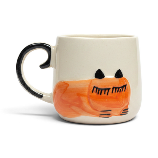 Ayethic handcrafted ceramic mug featuring a hand-painted orange sleepy cat design with a black striped handle.