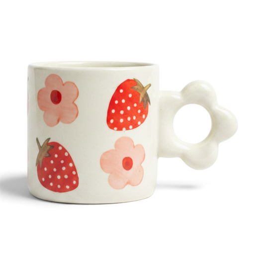 Ayethic handcrafted ceramic cup with hand-painted strawberry and flower pattern and a unique sculpted ring handle.