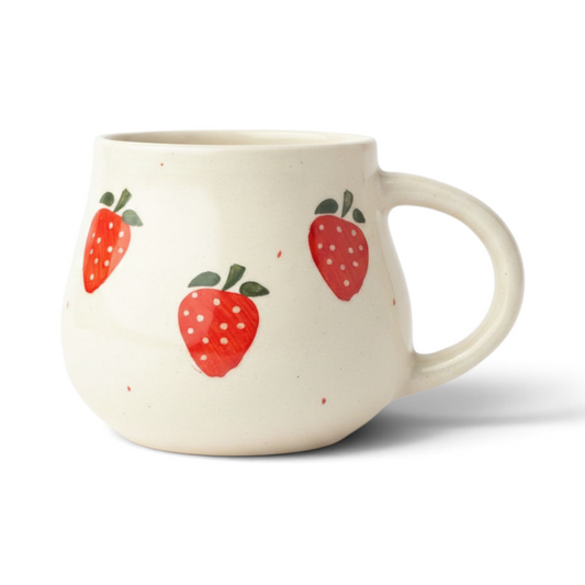 Ayethic handcrafted ceramic cup in ivory with hand-painted red strawberry motifs and a comfortable sculpted handle.
