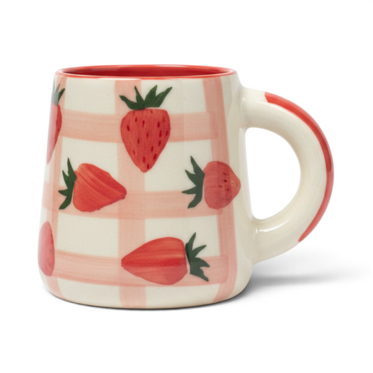 Ayethic handcrafted ceramic mug with a pink grid pattern and hand-painted red strawberry motifs