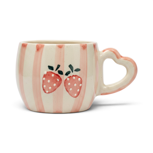 Ayethic handcrafted ceramic mug with pink stripes, hand-painted strawberry motifs, and a heart-shaped handle.