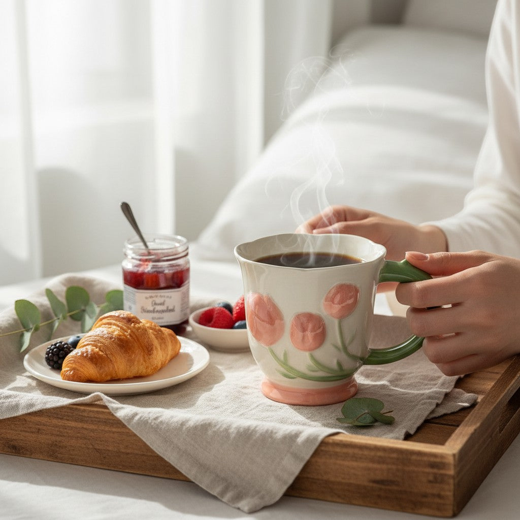 Ayethic cream ceramic mug with raised pink tulip buds, green handle, and scalloped rim.