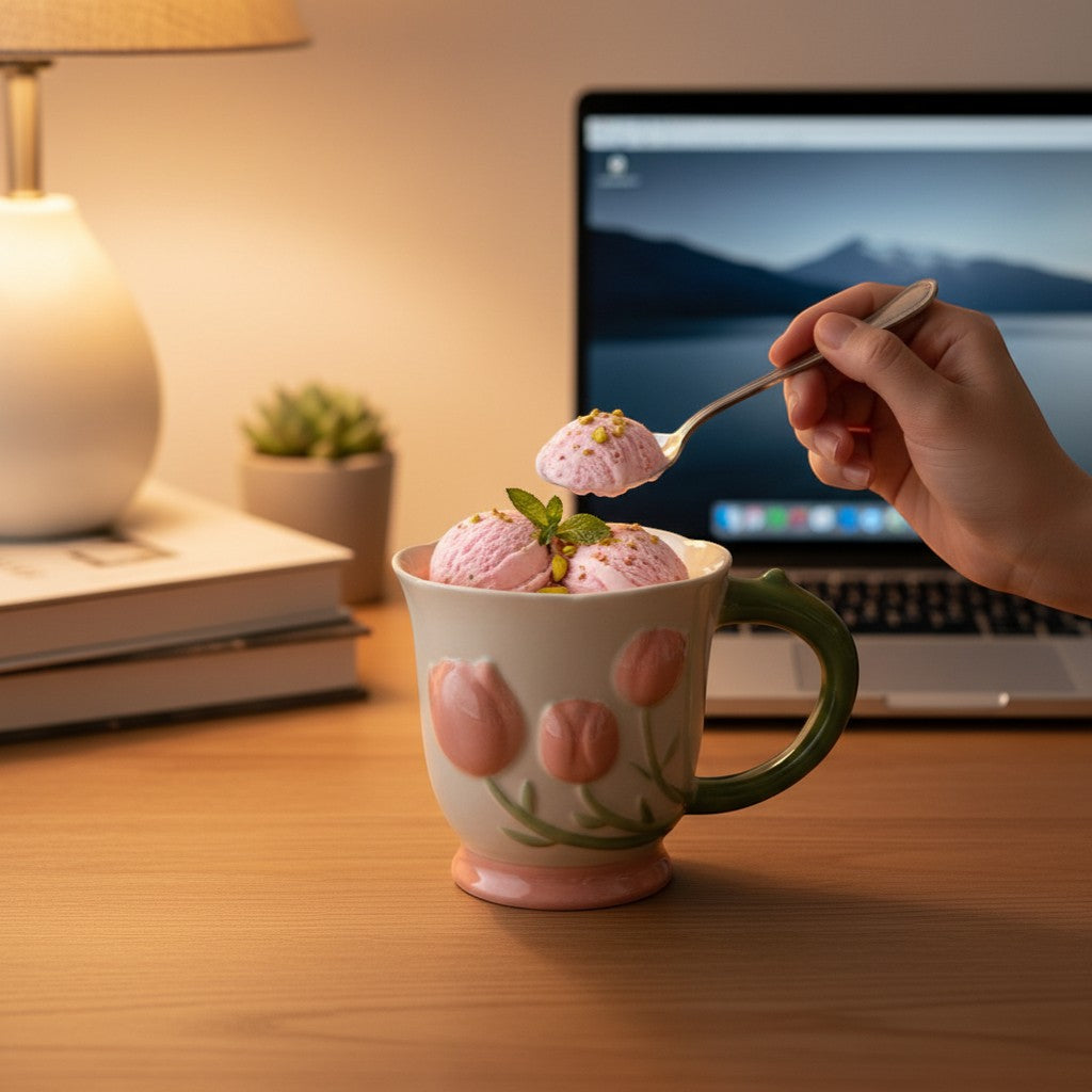 Ayethic cream ceramic mug with sculpted pink tulip buds, green handle, and scalloped rim.