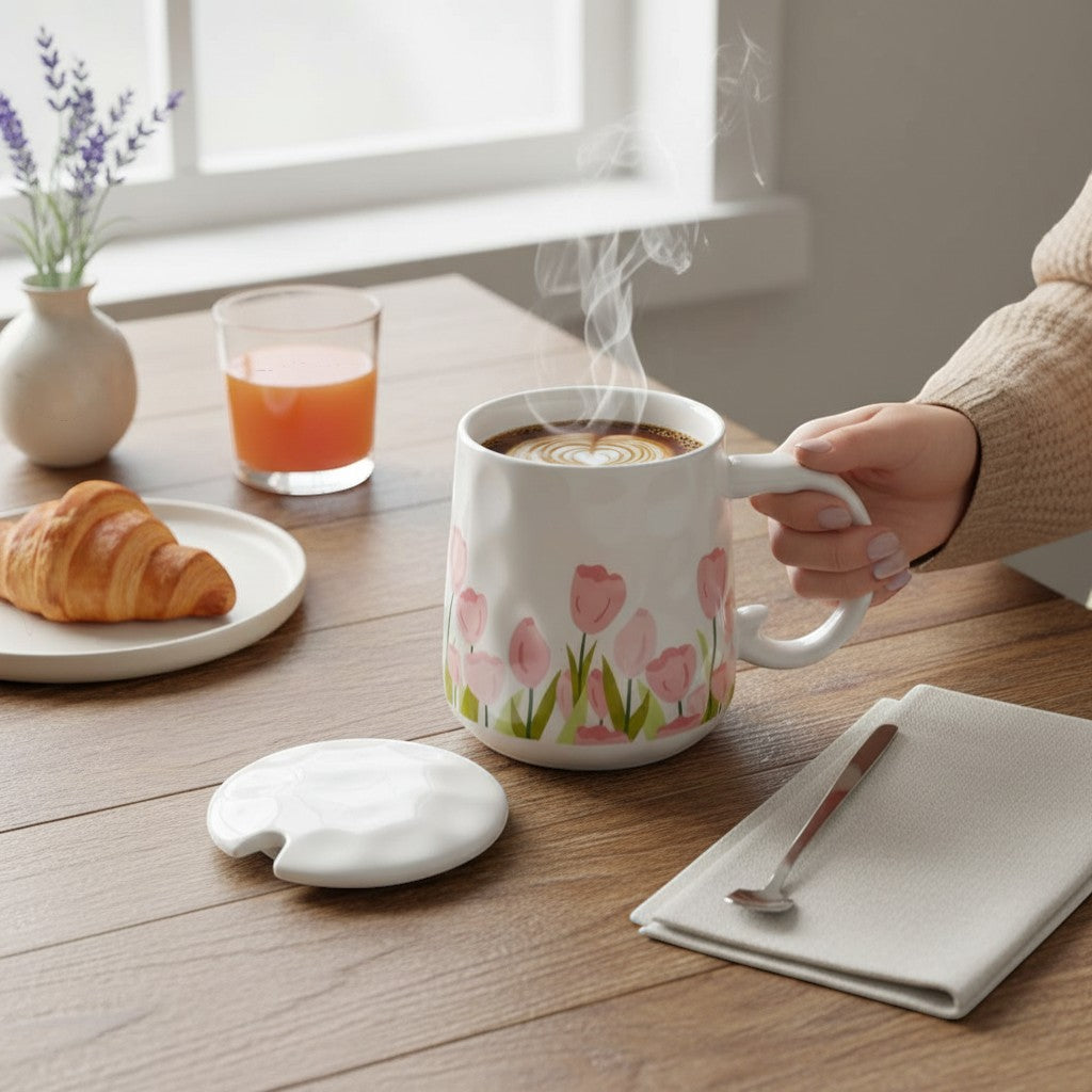 Ayethic Blush Bloom ceramic mug with pink tulips, lid, and spoon. Features a tapered silhouette and ergonomic handle.