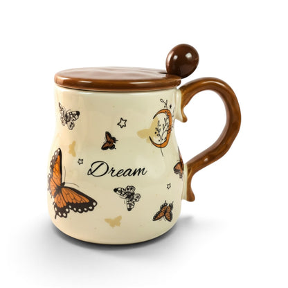Ayethic Victorian Flutter ceramic mug in cream with butterfly print, matching brown lid, and spoon on white background