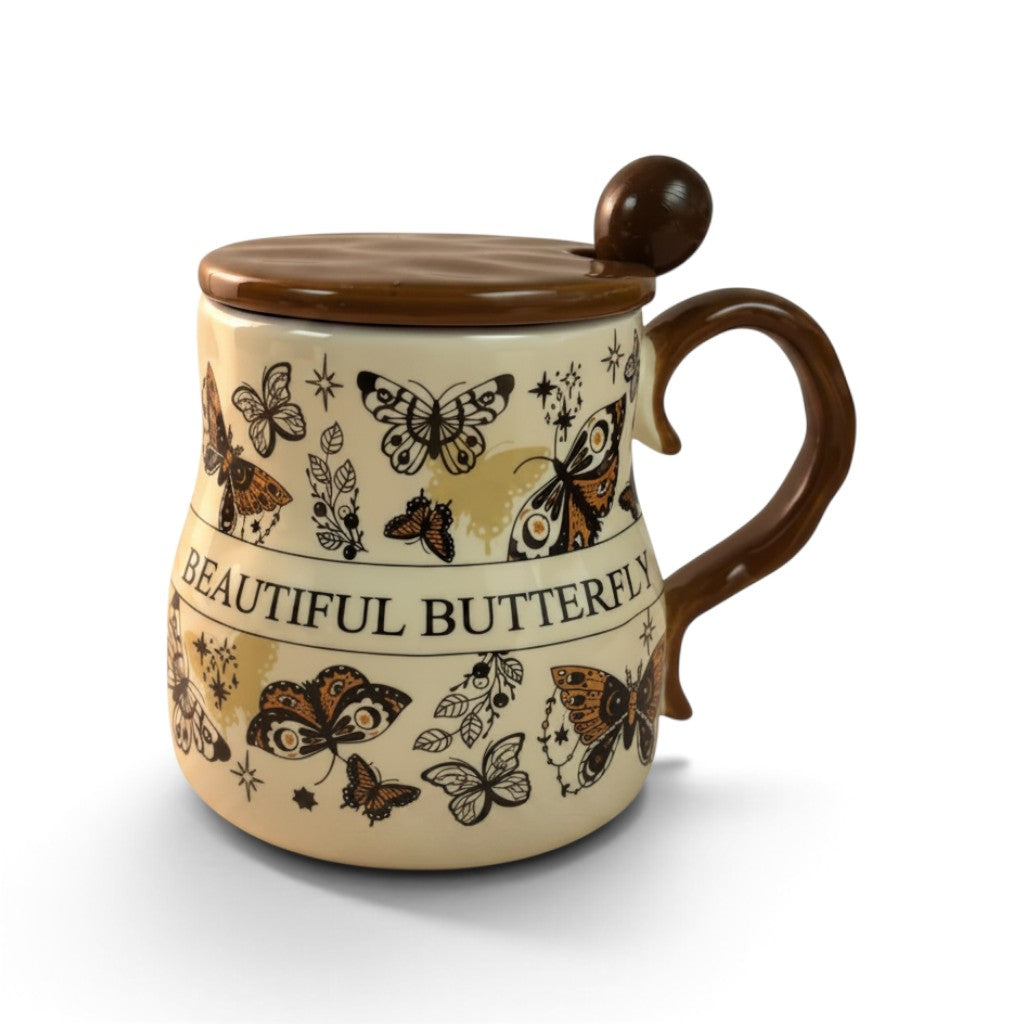 Ayethic Victorian Flutter ceramic mug with butterfly illustrations, matching brown lid, and spoon on white background