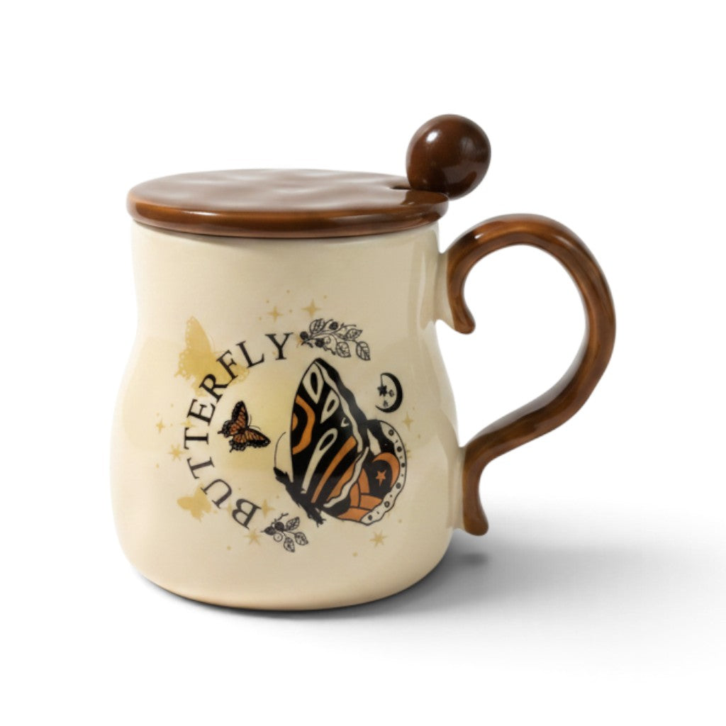 Ayethic Victorian Flutter ceramic mug in cream with butterfly print, matching brown lid, and spoon on white background