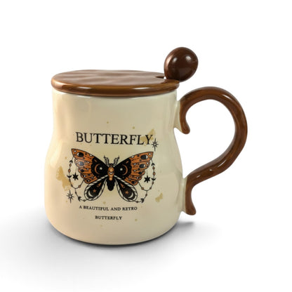Ayethic Victorian Flutter ceramic mug in cream with butterfly print, brown lid, and matching spoon.