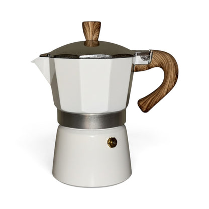 Ayethic 3-cup white aluminum moka pot with an elegant wooden texture handle and lid knob for stovetop espresso brewing.