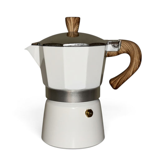 Ayethic 3-cup white aluminum moka pot with an elegant wooden texture handle and lid knob for stovetop espresso brewing.