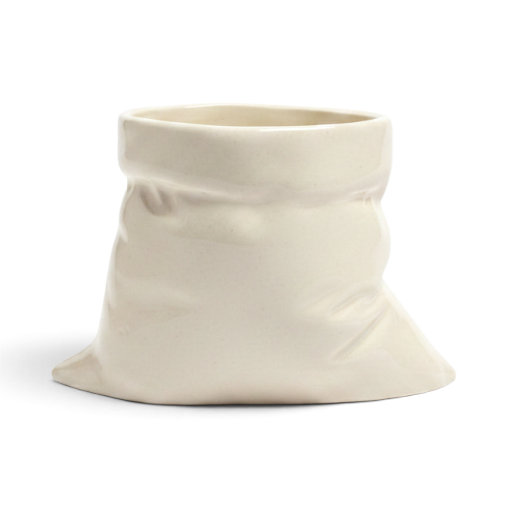 Ayethic handcrafted ceramic mug with a unique wrinkled bag design and smooth satin glaze finish in off-white.