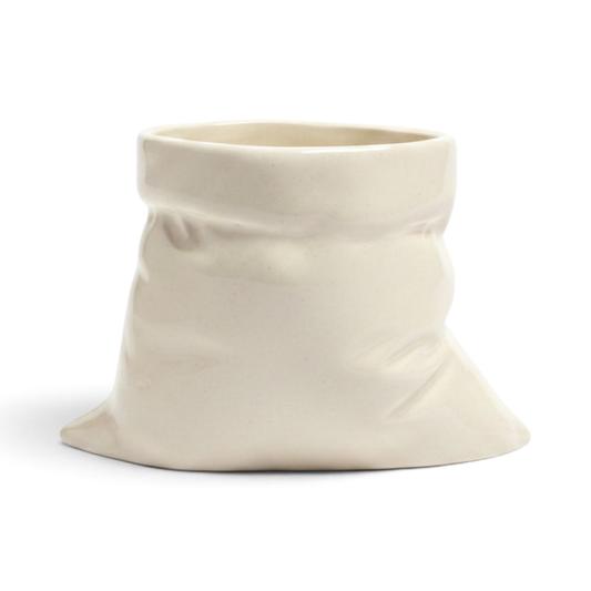 Ayethic handcrafted ceramic mug with a unique wrinkled bag design and smooth satin glaze finish in off-white.