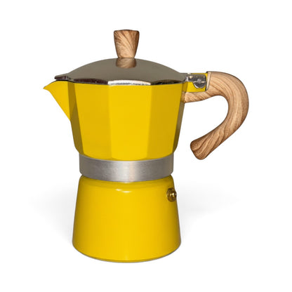 Ayethic yellow 3-cup moka pot with a wooden texture handle and lid knob, crafted from durable aluminum alloy.