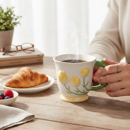 Ayethic yellow tulip buds ceramic mug with green handle and scalloped rim. Features raised floral artwork and a glossy finish.