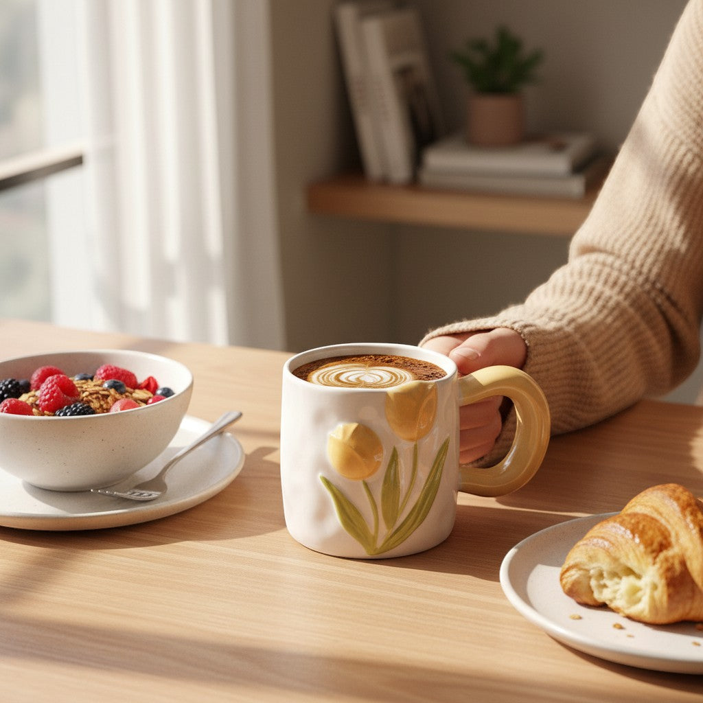 Ayethic yellow ceramic mug with sculpted tulips and green leaves, featuring a wavy silhouette and comfortable yellow handle.