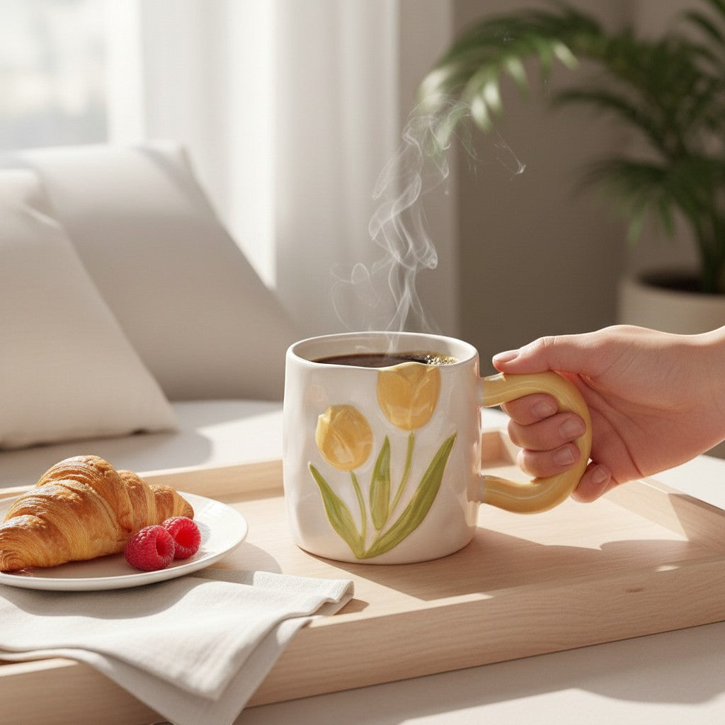 Ayethic yellow ceramic mug with sculpted tulips and green leaves, featuring a wavy silhouette and a comfortable yellow handle.