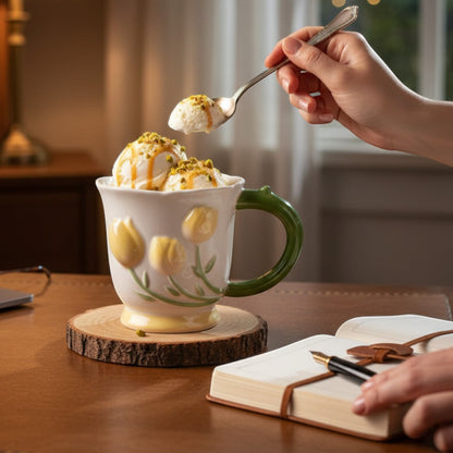 Ayethic yellow tulip buds ceramic mug with green handle and scalloped rim. Features raised floral artwork and a glossy cream glaze.