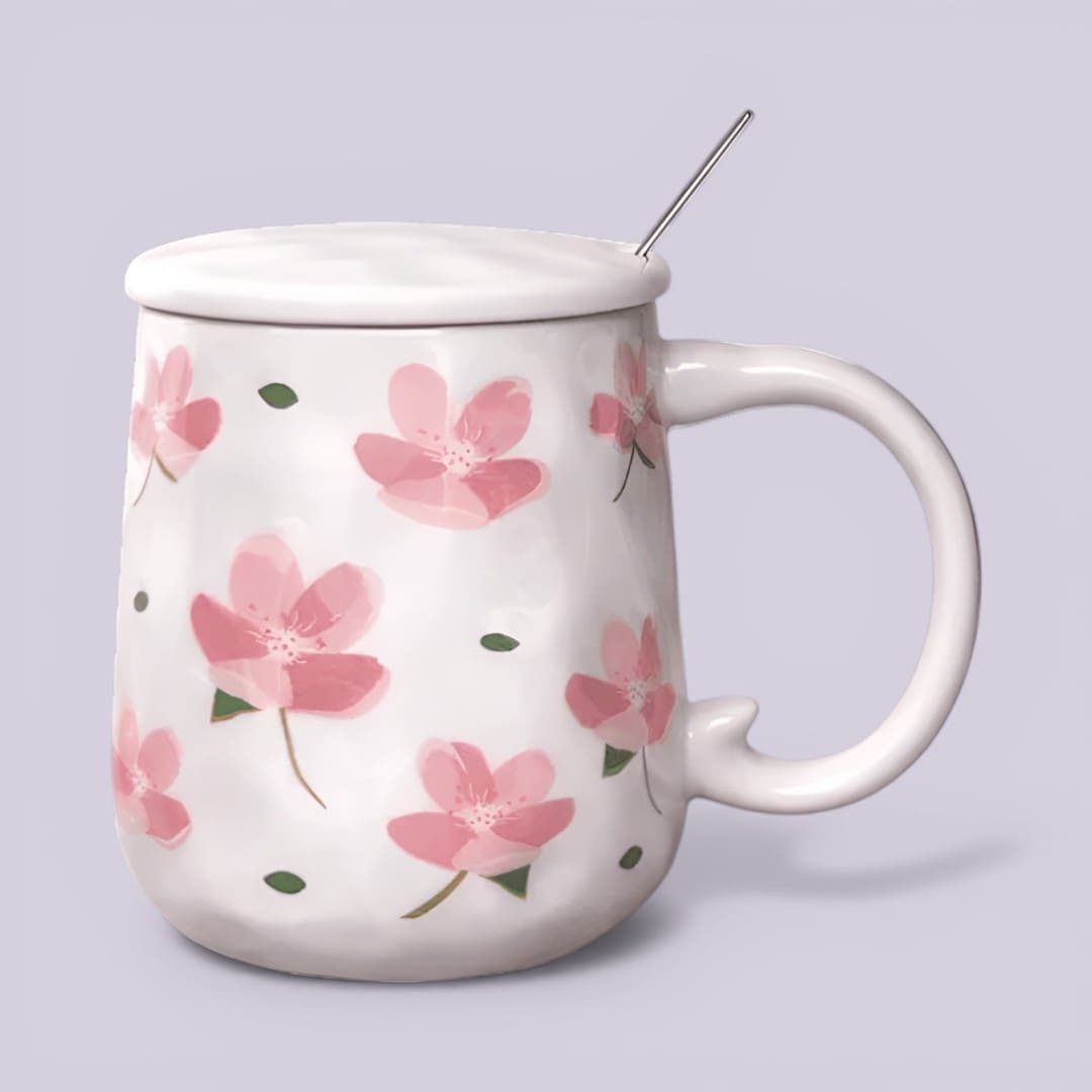 Blush Bloom Ceramic Mug (With Spoon and Lid) - Sakura