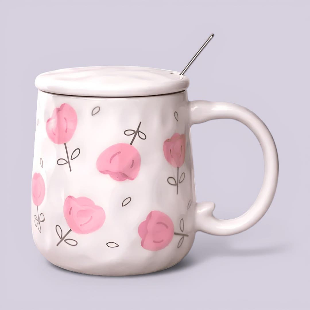 Blush Bloom Ceramic Mug (With Spoon and Lid) - Tulip
