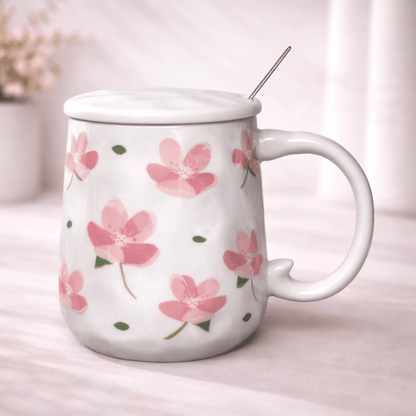 Blush Bloom Ceramic Mug (With Spoon and Lid) - Sakura