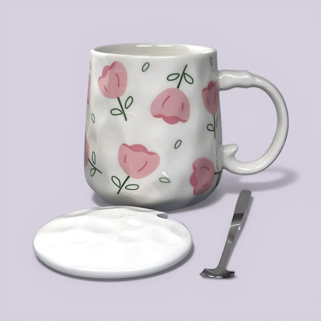 Blush Bloom Ceramic Mug (With Spoon and Lid) - Tulip