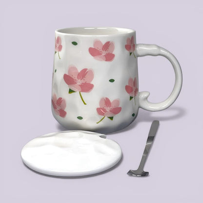 Blush Bloom Ceramic Mug (With Spoon and Lid) - Sakura