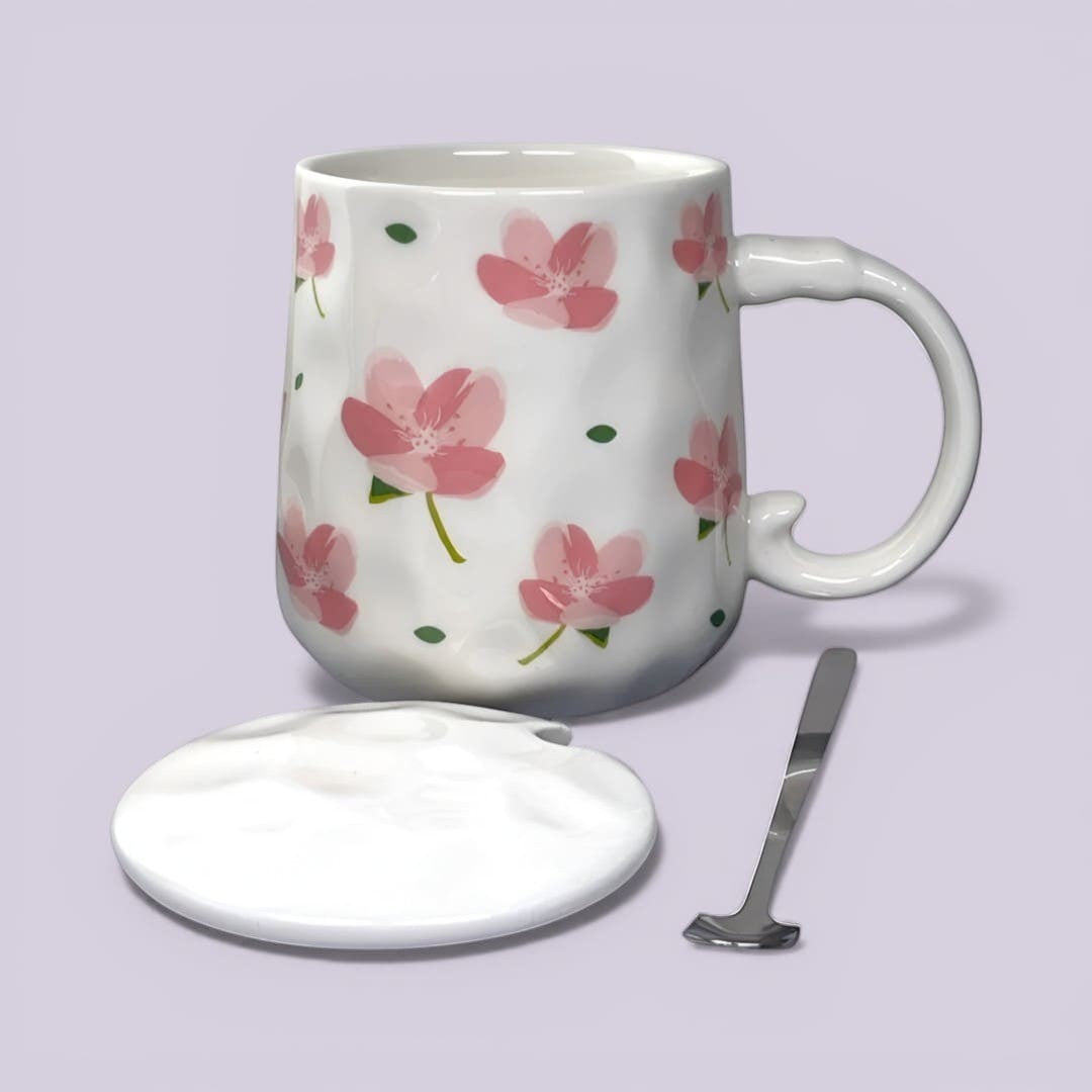 Blush Bloom Ceramic Mug (With Spoon and Lid) - Sakura