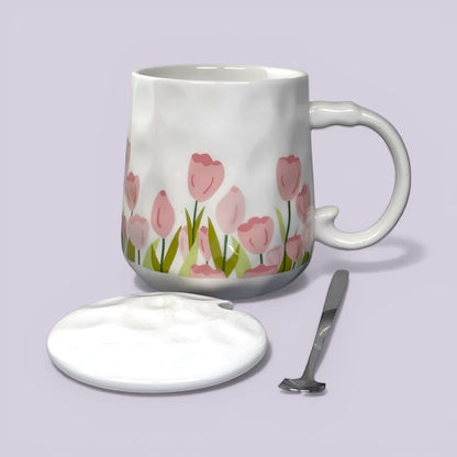 Blush Bloom Ceramic Mug (With Spoon and Lid) - Tulip Rise