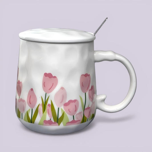 Blush Bloom Ceramic Mug (With Spoon and Lid) - Tulip Rise