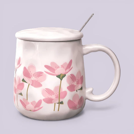 Blush Bloom Ceramic Mug (With Spoon and Lid) - Sakura Rise