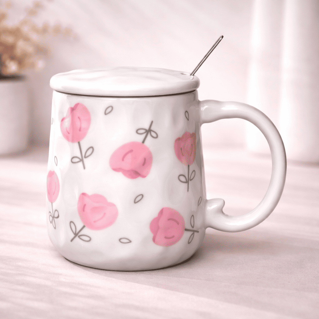 Blush Bloom Ceramic Mug (With Spoon and Lid) - Tulip