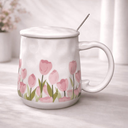 Blush Bloom Ceramic Mug (With Spoon and Lid) - Tulip Rise