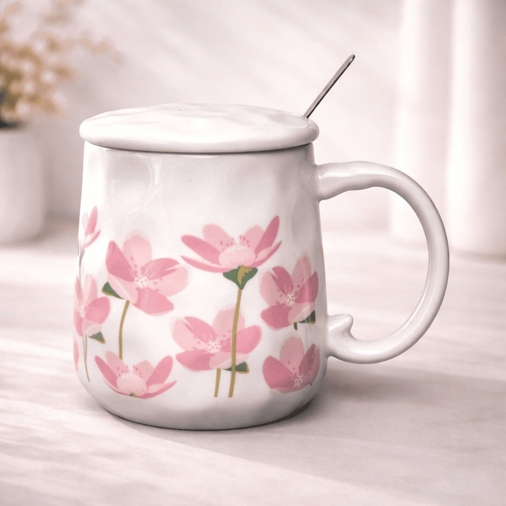 Blush Bloom Ceramic Mug (With Spoon and Lid) - Sakura Rise