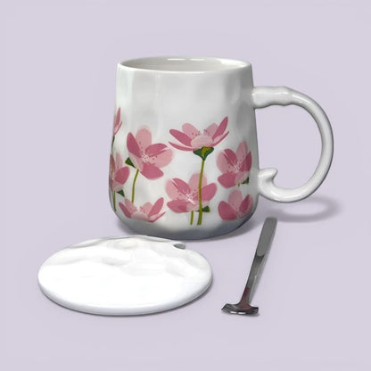 Blush Bloom Ceramic Mug (With Spoon and Lid) - Sakura Rise