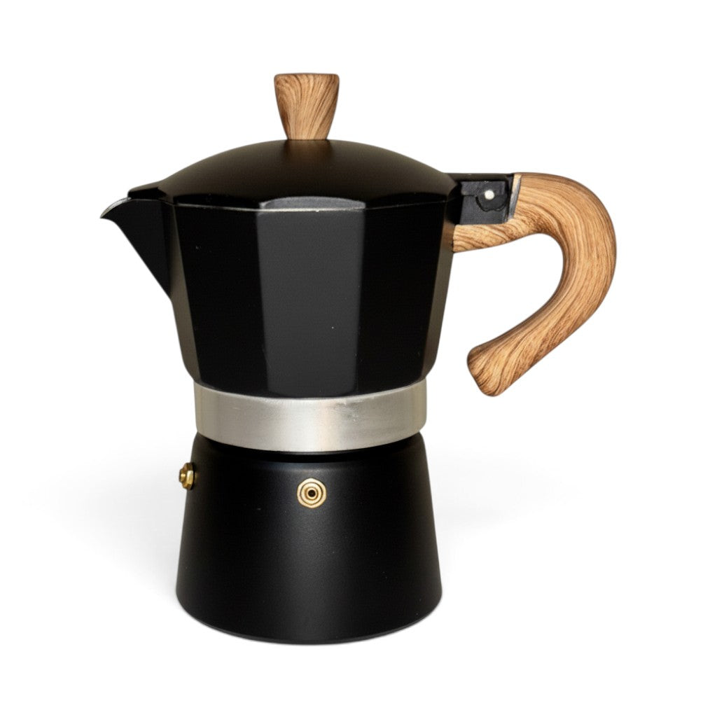Moka Pot with Elegant Wooden Texture Handle (150ml / 3 Cup) - Black