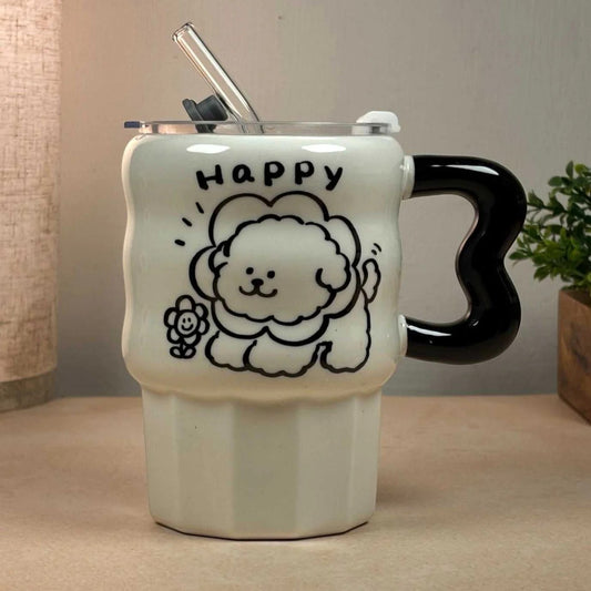 Multipurpose Puppy Ceramic Tumbler (With Straw and Lid)