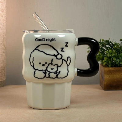 Multipurpose Puppy Ceramic Tumbler (With Straw and Lid) - Snug