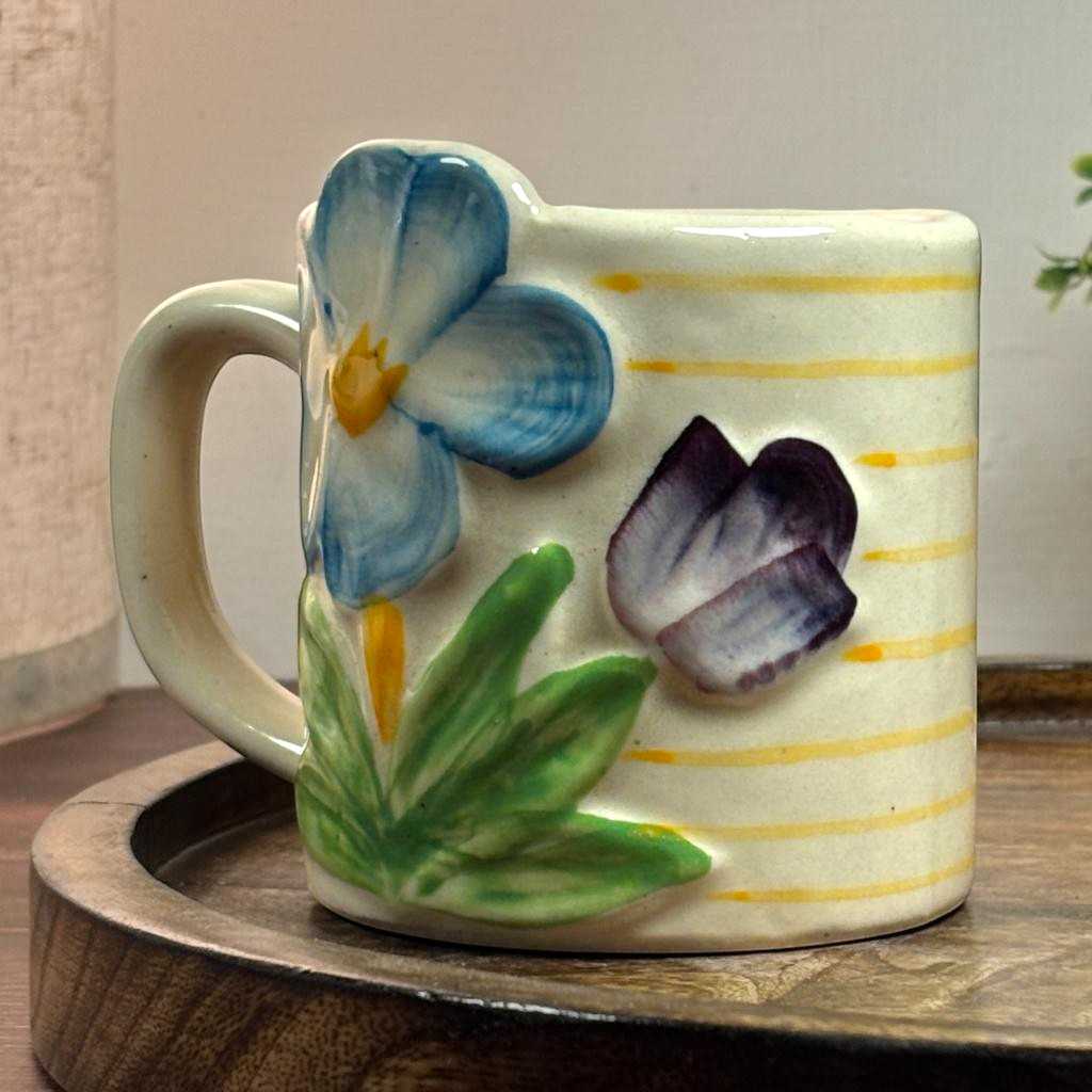 Sculpted Bloom Ceramic Cup - Blue