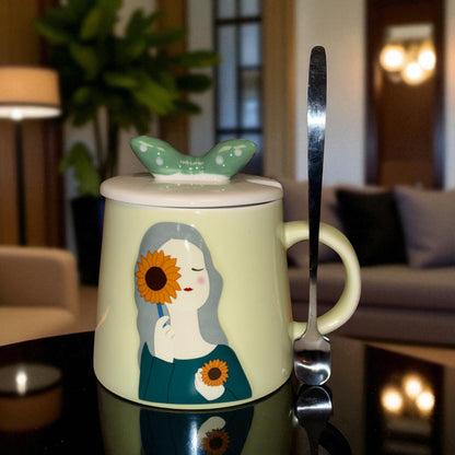 Serene Savage Ceramic Cup (With Spoon and Lid) - Sunflower