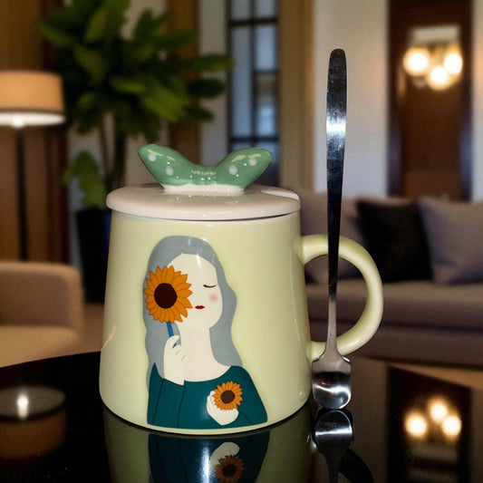Serene Savage Ceramic Cup (With Spoon and Lid) - Sunflower