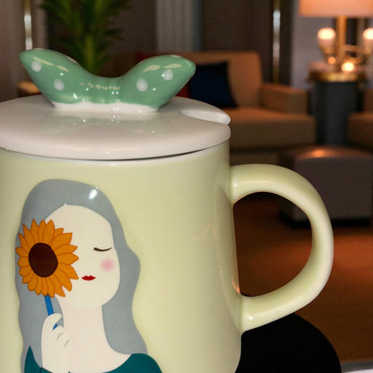 Serene Savage Ceramic Cup (With Spoon and Lid) - Sunflower
