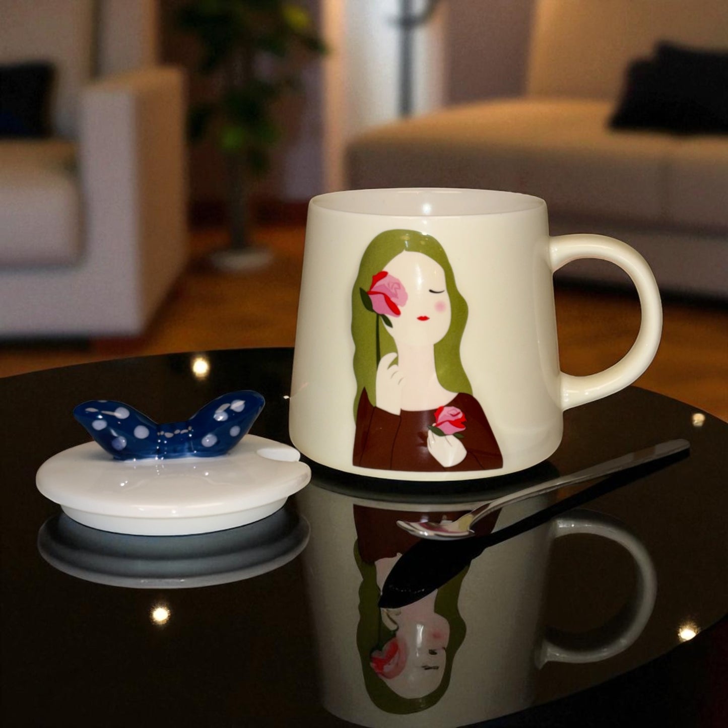Serene Savage Ceramic Cup (With Spoon and Lid) - Rose