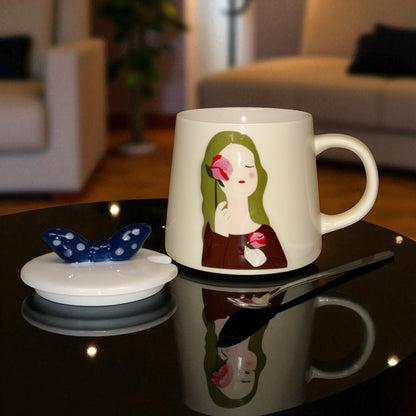 Serene Savage Ceramic Cup (With Spoon and Lid) - Rose