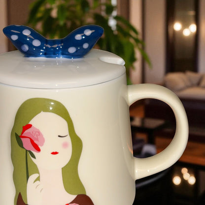 Serene Savage Ceramic Cup (With Spoon and Lid) - Rose