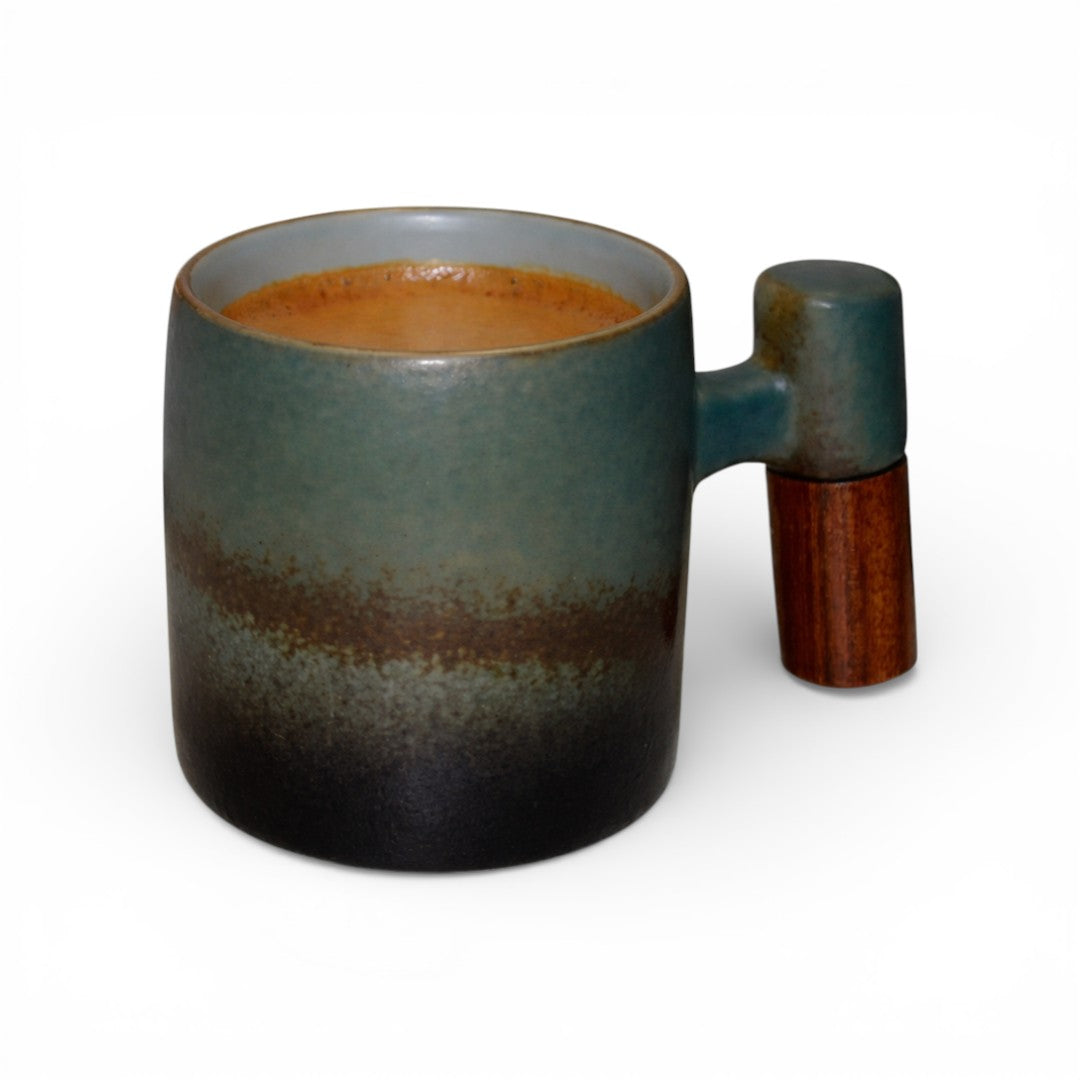 Wabi Fade Demitasse Cup (80 ml Espresso Cup) - Green and Black - Wooden handle